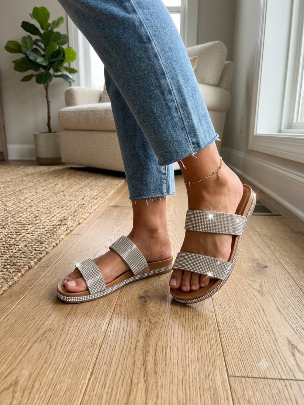 Rhinestone Double-Strap Slide Sandals